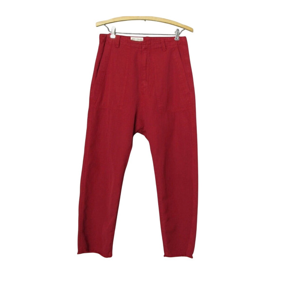 NEW Nili Lotan 0 Slouchy $345 LINEN Luna Pant Drop Crotch Crop Cotton Red - Picture 2 of 6